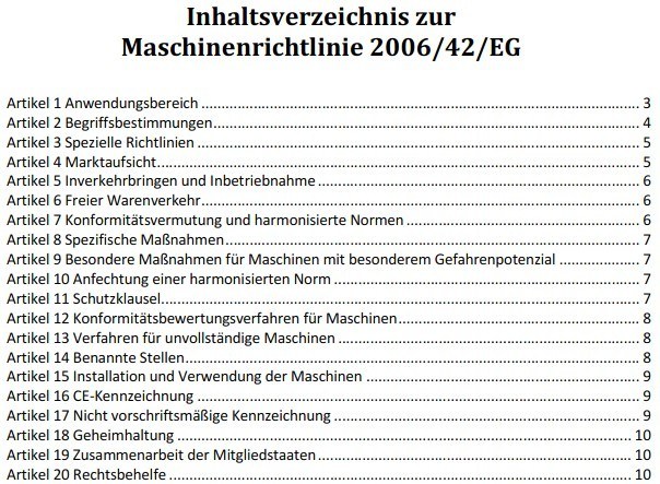 Inhaltsverzeichnis der Maschinenrichtlinie