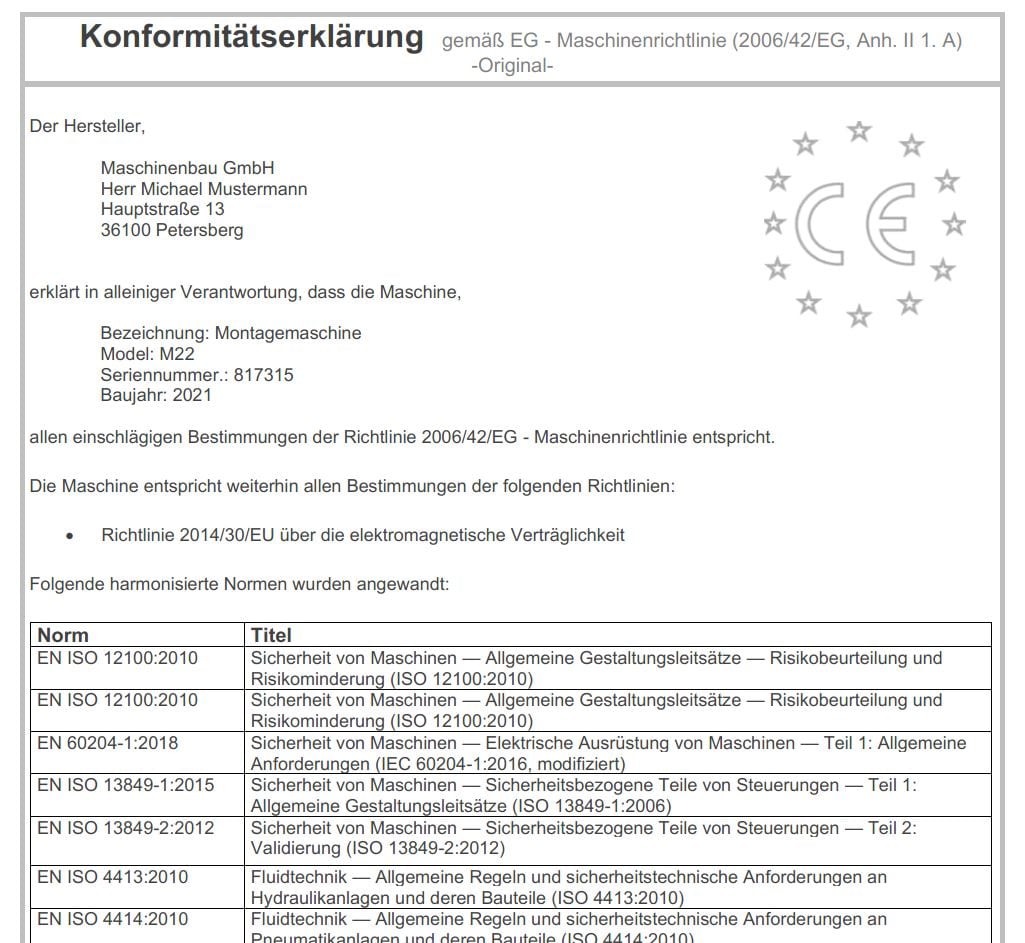 Beispiel Konformitätserklärung Maschinenrichtlinie